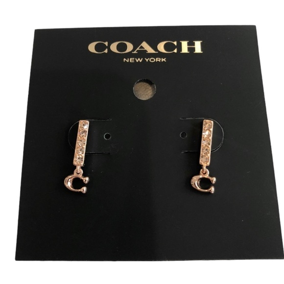Coach Jewelry Coach Signature Rose Gold Pave Bar Stud Earrings Nwt
